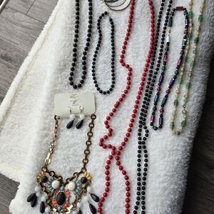 Statement Multicolor Bib Necklace with Black and Red Beads - Women Jewelry